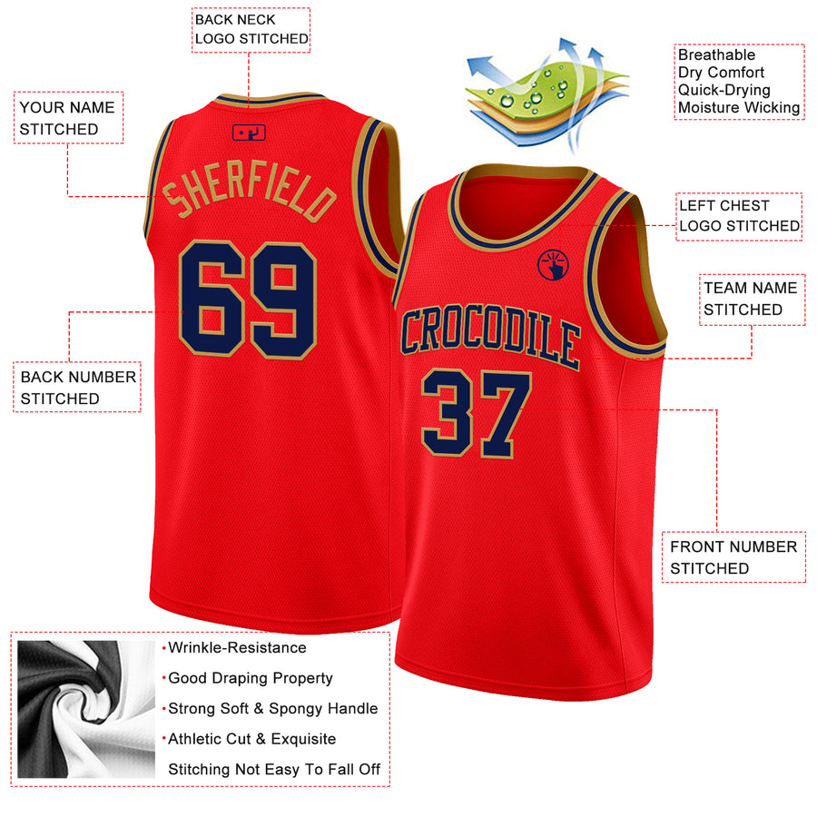 Custom Fire Red Navy-Old Gold Authentic Basketball Jersey