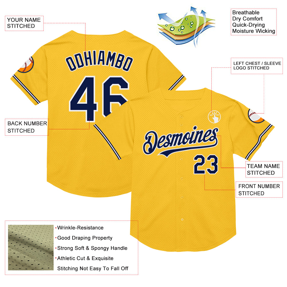 Custom Gold Navy-White Mesh Authentic Throwback Baseball Jersey