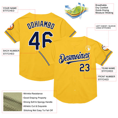 Custom Gold Navy-White Mesh Authentic Throwback Baseball Jersey