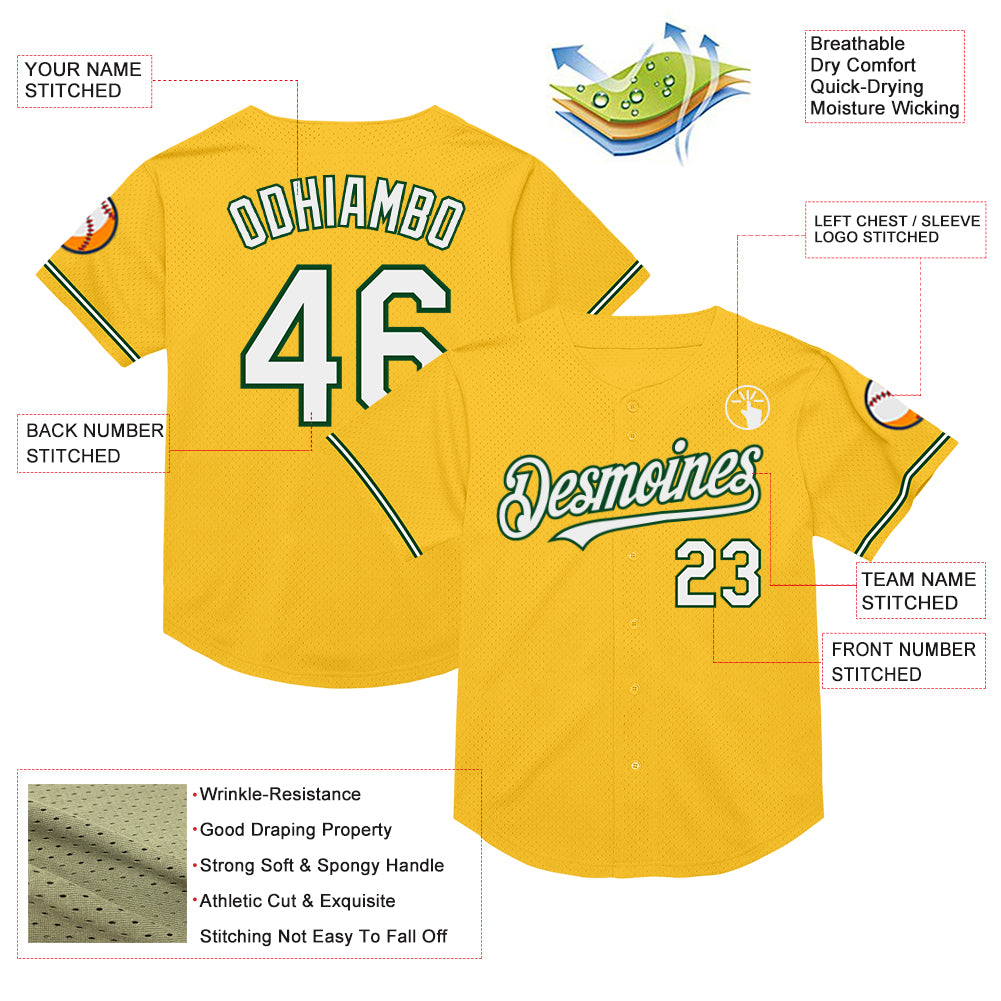 Custom Gold White-Green Mesh Authentic Throwback Baseball Jersey