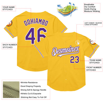 Custom Gold Purple-White Mesh Authentic Throwback Baseball Jersey