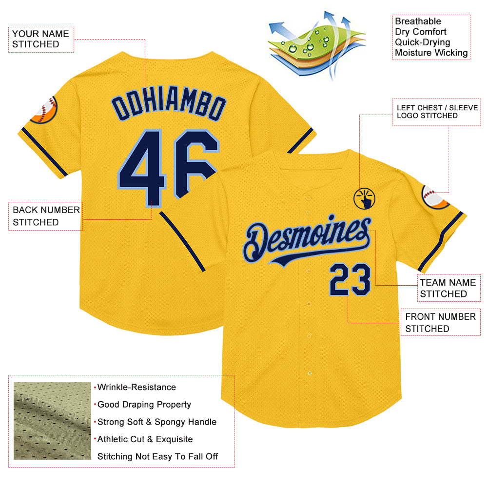 Custom Gold Navy-Light Blue Mesh Authentic Throwback Baseball Jersey