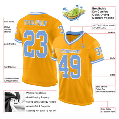 Custom Gold Light Blue-White Mesh Authentic Throwback Football Jersey