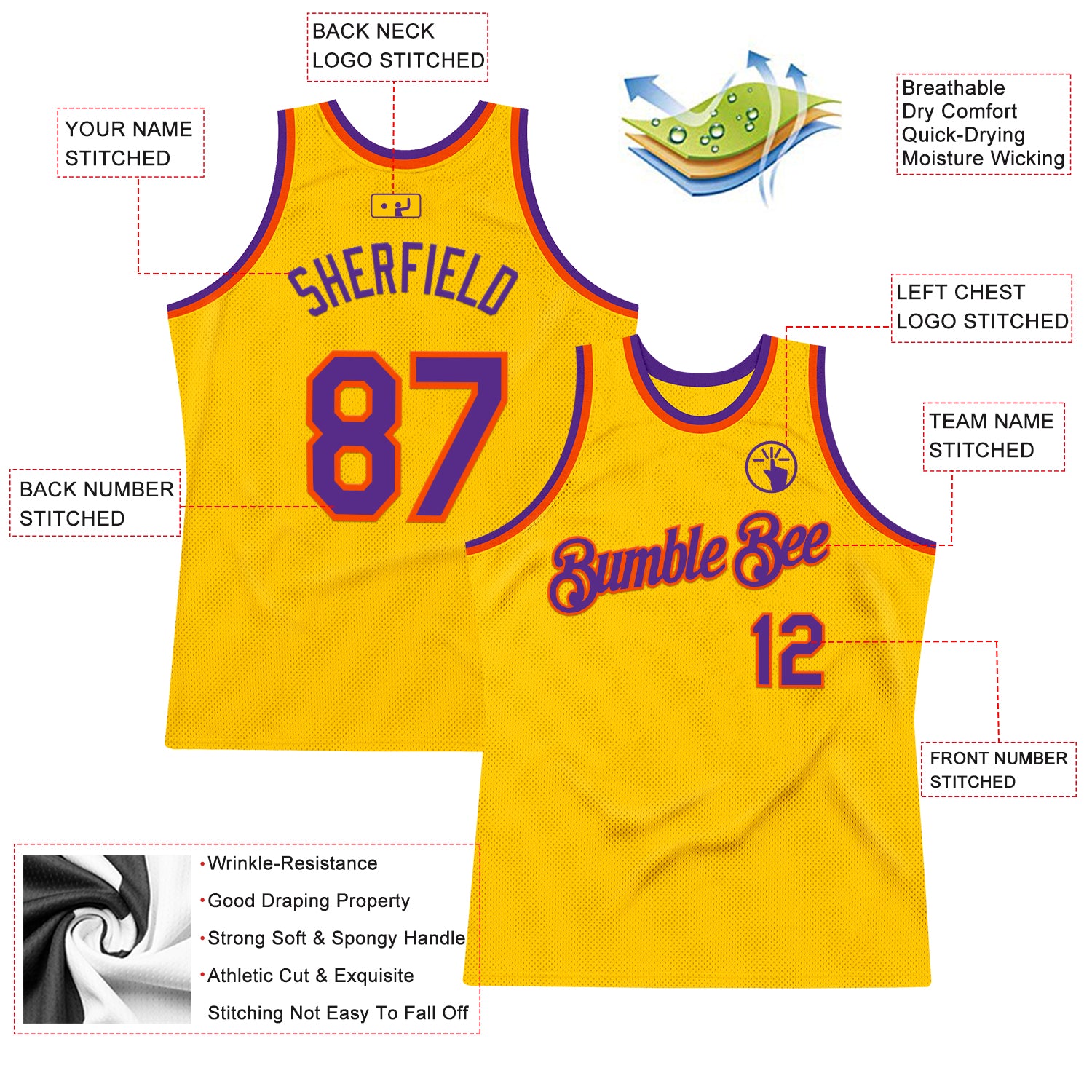 Custom Gold Purple-Orange Authentic Throwback Basketball Jersey
