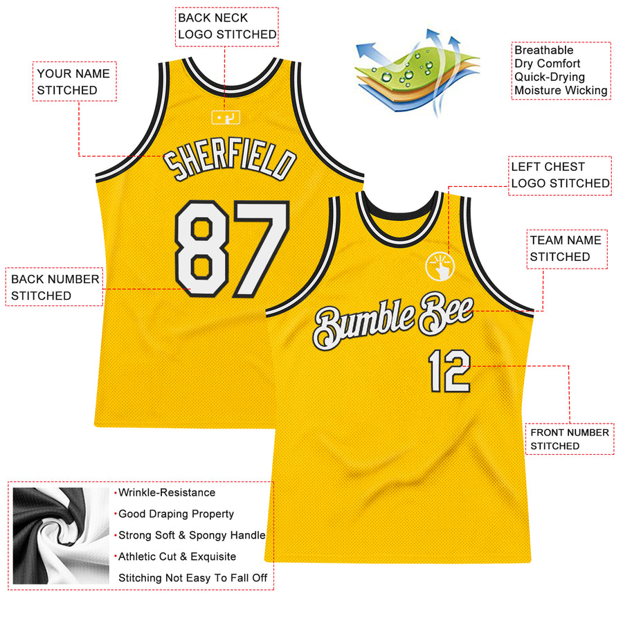 Custom Gold White-Black Authentic Throwback Basketball Jersey
