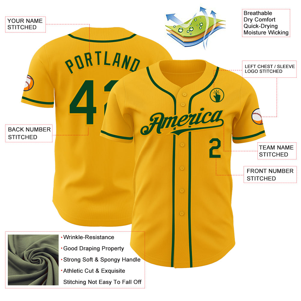 Custom Gold Green Authentic Baseball Jersey