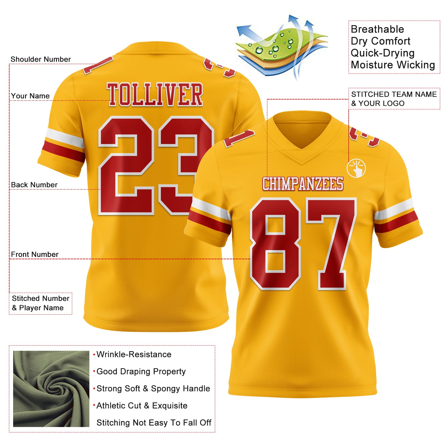 Custom Gold Red-White Authentic Football Jersey
