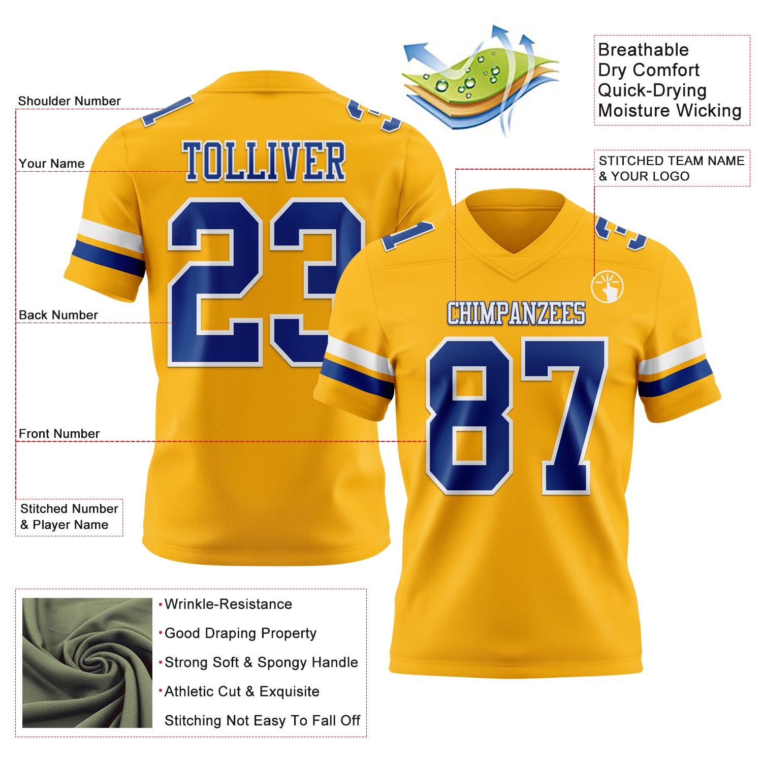 Custom Gold Royal-White Authentic Football Jersey