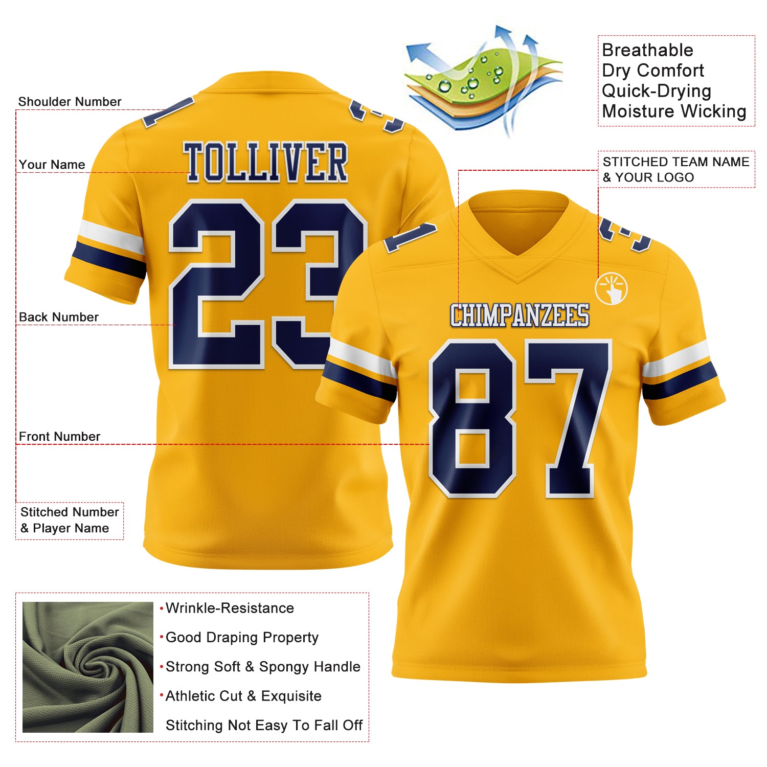 Custom Gold Nvay-White Authentic Football Jersey
