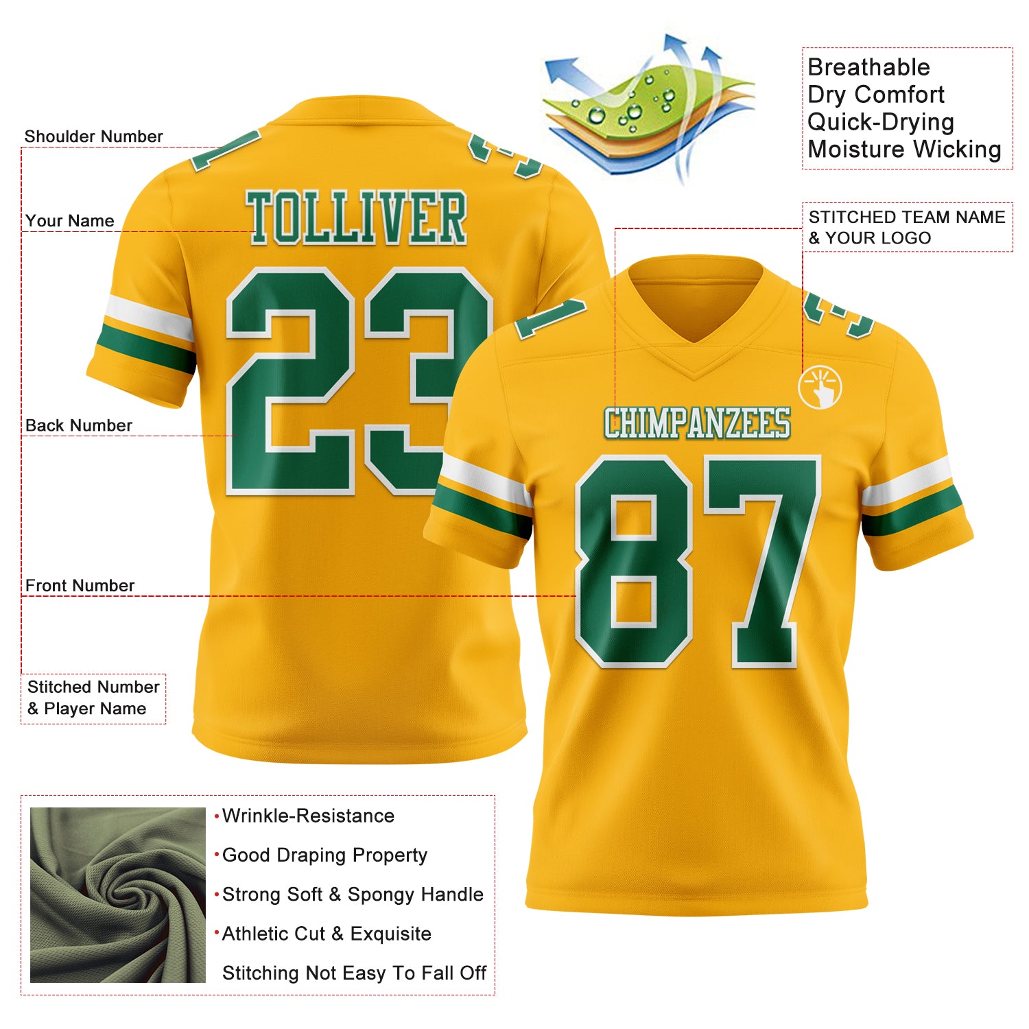 Custom Gold Kelly Green-White Authentic Football Jersey