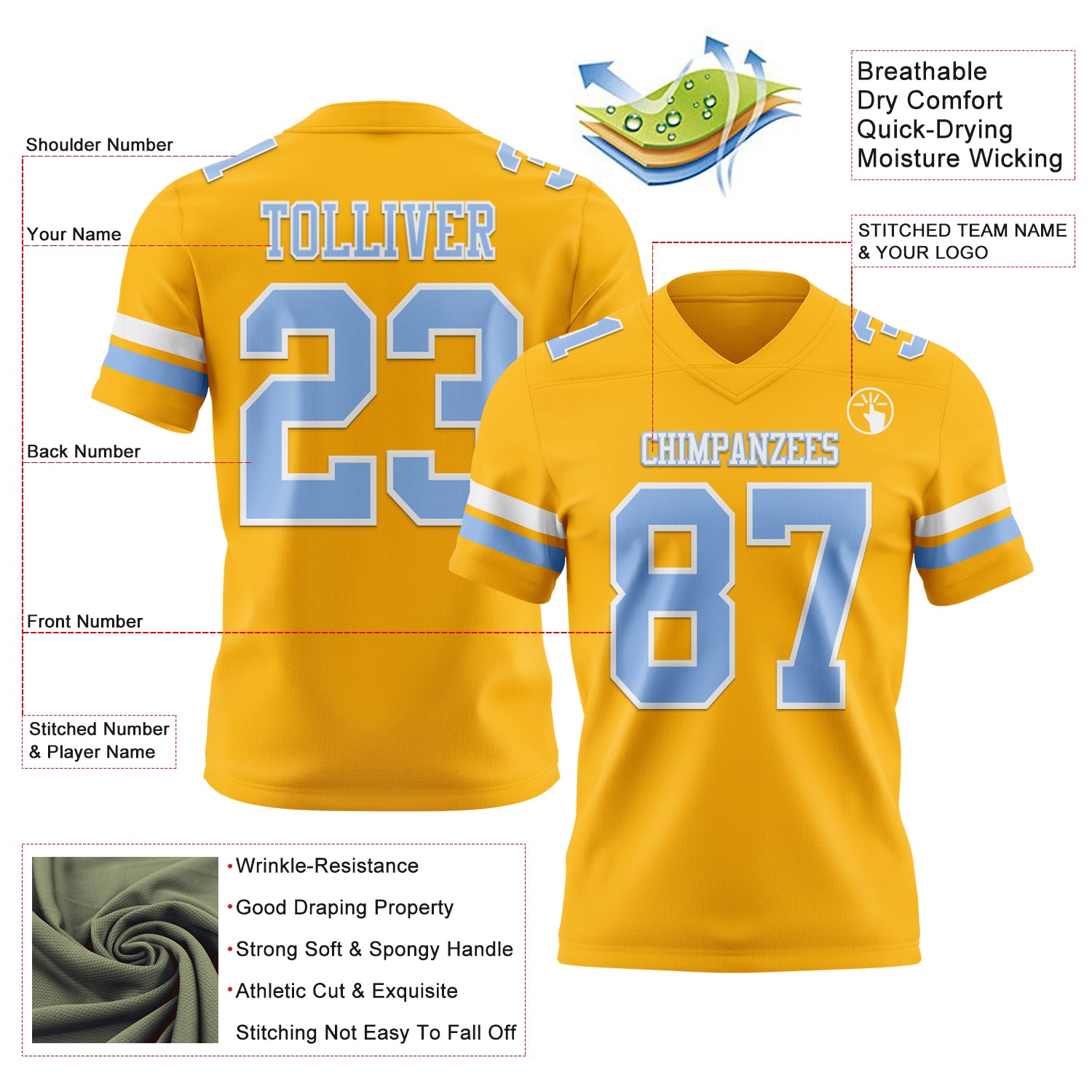Custom Gold Light Blue-White Authentic Football Jersey