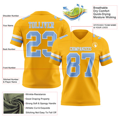 Custom Gold Light Blue-White Authentic Football Jersey