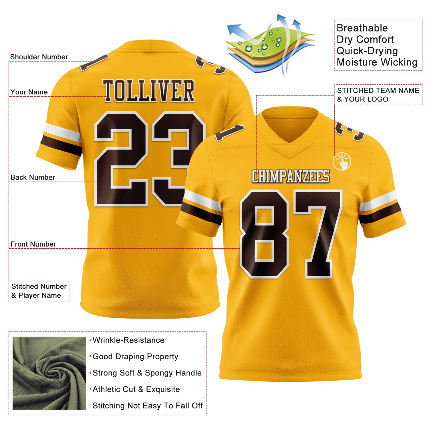 Custom Gold Brown-White Authentic Football Jersey