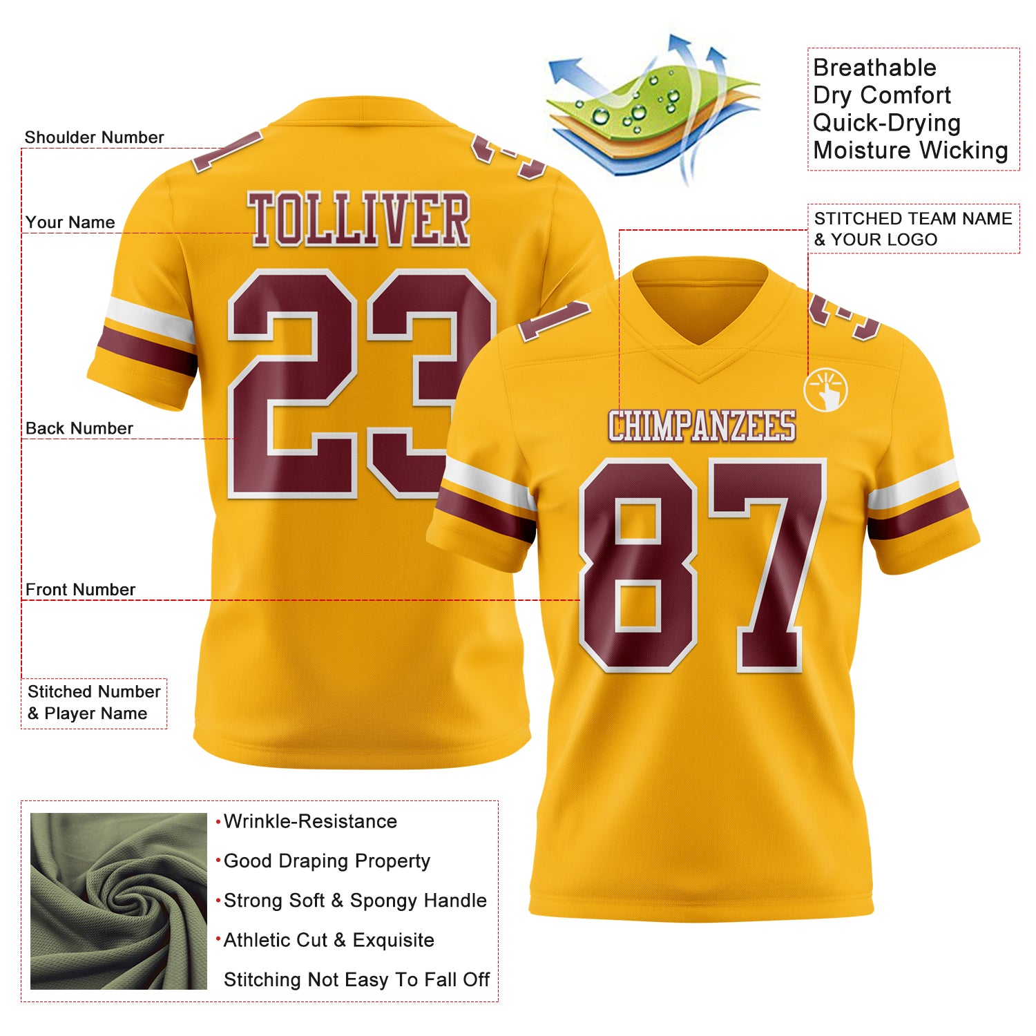Custom Gold Burgundy-White Authentic Football Jersey