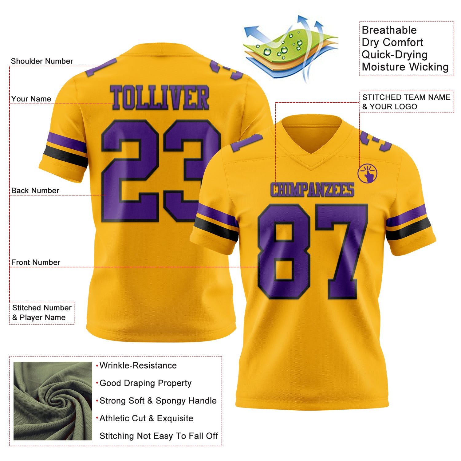 Custom Gold Purple-Black Authentic Football Jersey