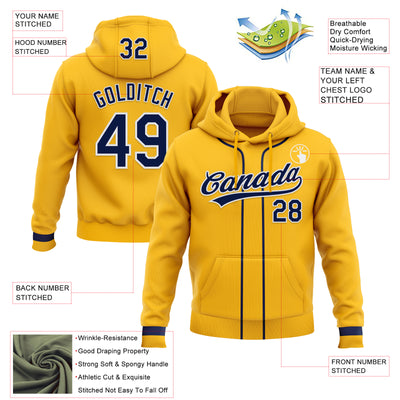 Custom Stitched Gold Navy-White Baseball Pullover Sweatshirt Hoodie