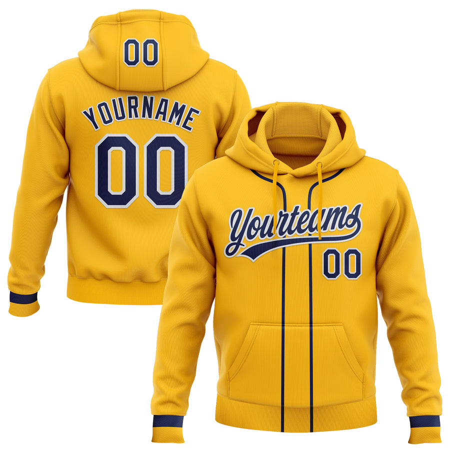 Custom Stitched Gold Navy-White Baseball Pullover Sweatshirt Hoodie