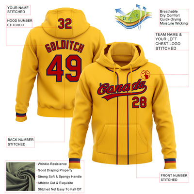 Custom Stitched Gold Red-Navy Baseball Pullover Sweatshirt Hoodie