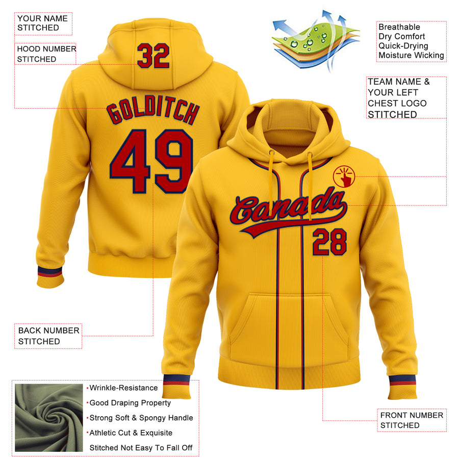 Custom Stitched Gold Red-Navy Baseball Pullover Sweatshirt Hoodie