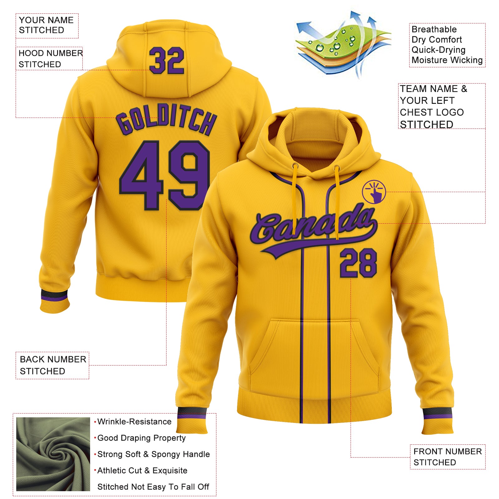 Custom Stitched Gold Purple-Black Baseball Pullover Sweatshirt Hoodie
