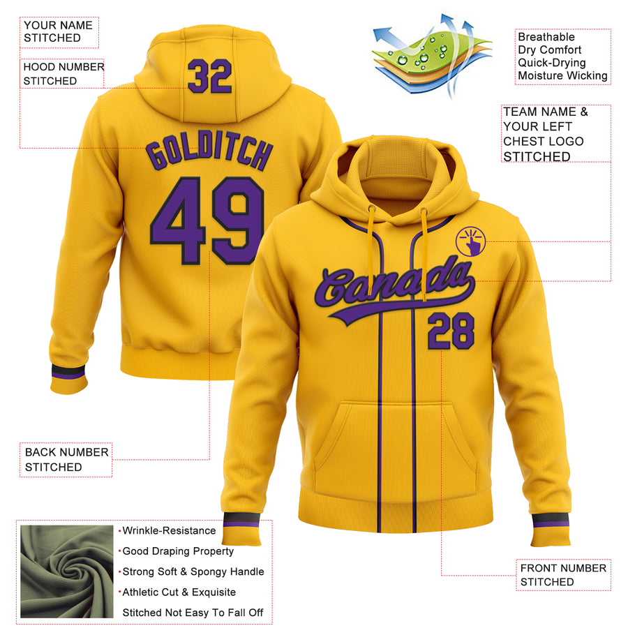 Custom Stitched Gold Purple-Black Baseball Pullover Sweatshirt Hoodie