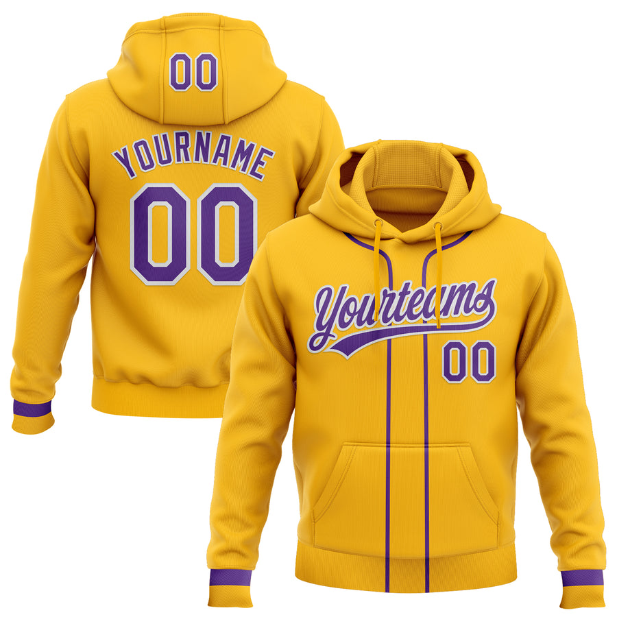 Custom Stitched Gold Purple-White Baseball Pullover Sweatshirt Hoodie