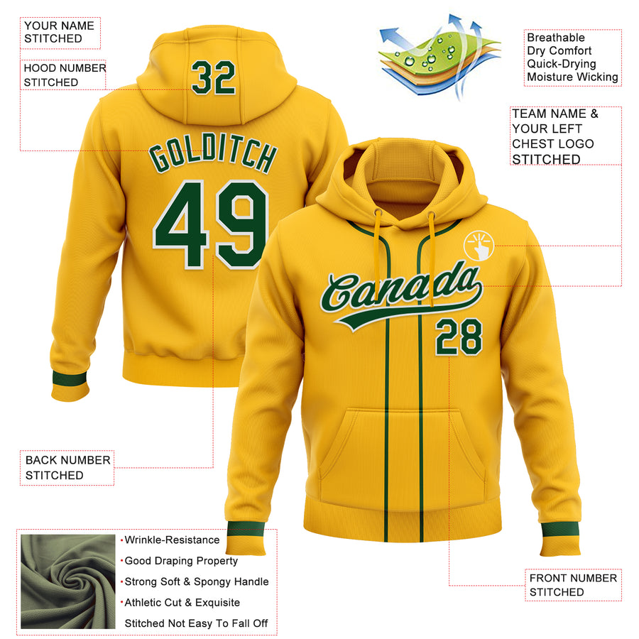 Custom Stitched Gold Green-White Baseball Pullover Sweatshirt Hoodie
