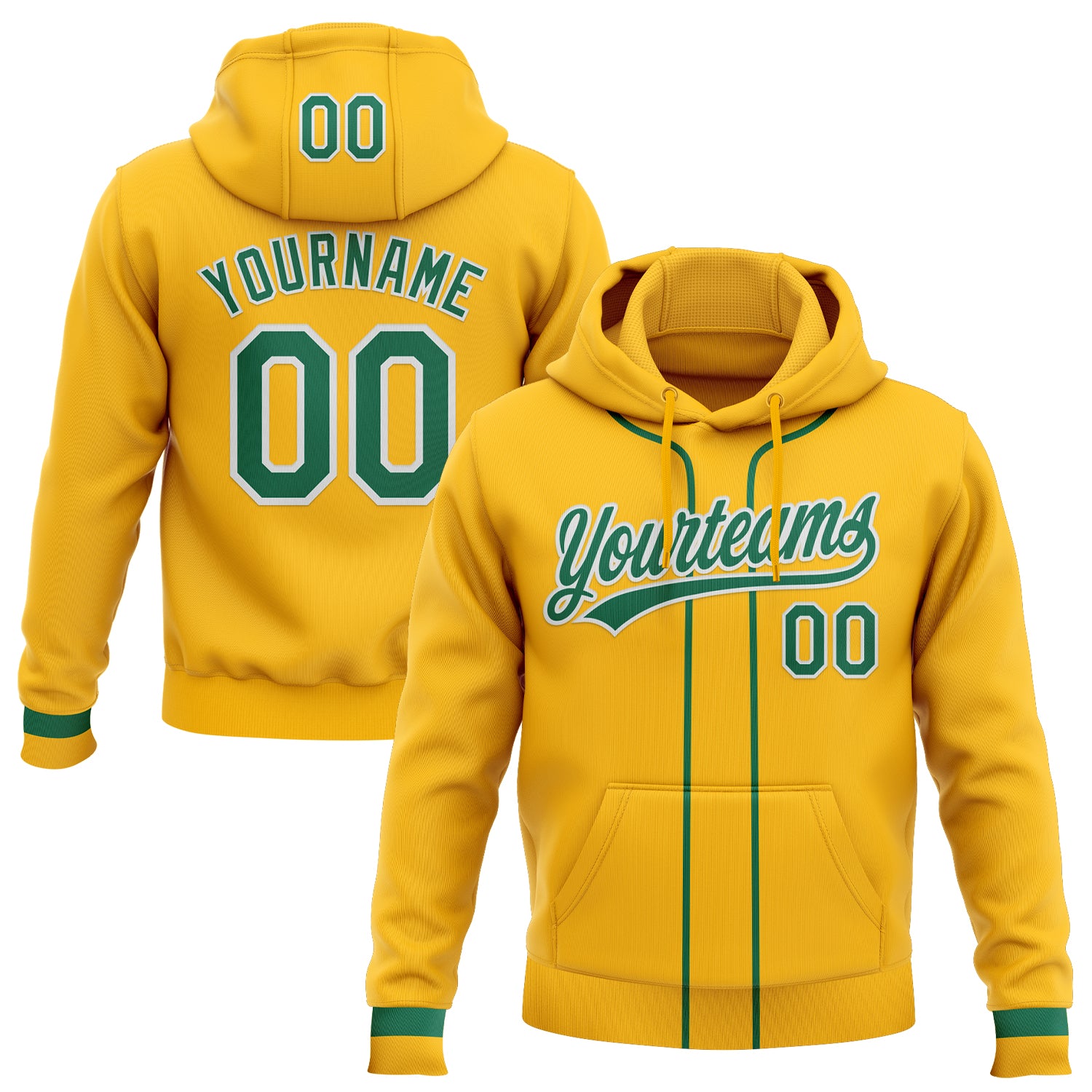 Custom Stitched Gold Kelly Green-White Baseball Pullover Sweatshirt Hoodie