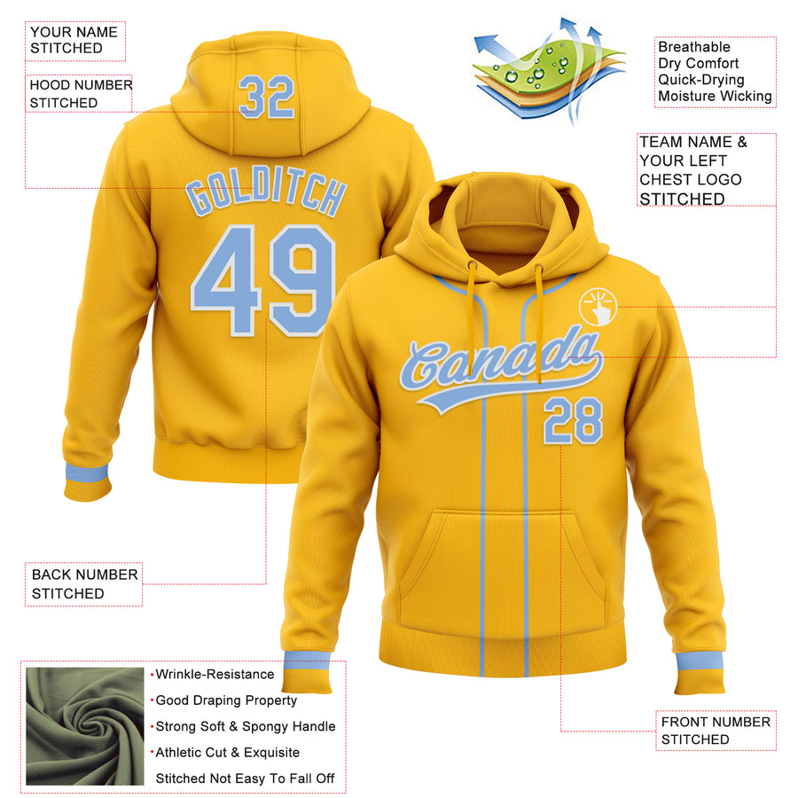 Custom Stitched Gold Light Blue-White Baseball Pullover Sweatshirt Hoodie