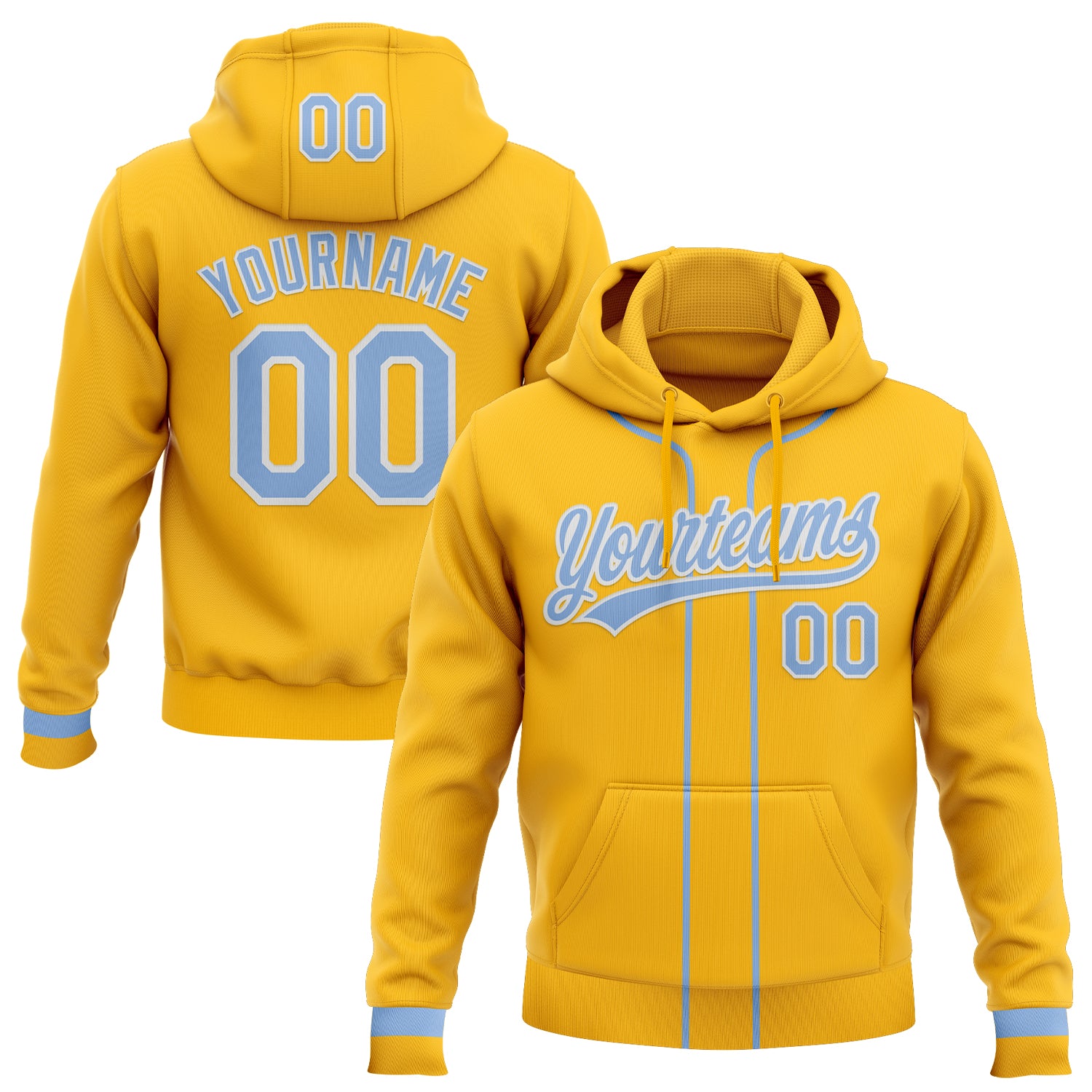 Custom Stitched Gold Light Blue-White Baseball Pullover Sweatshirt Hoodie