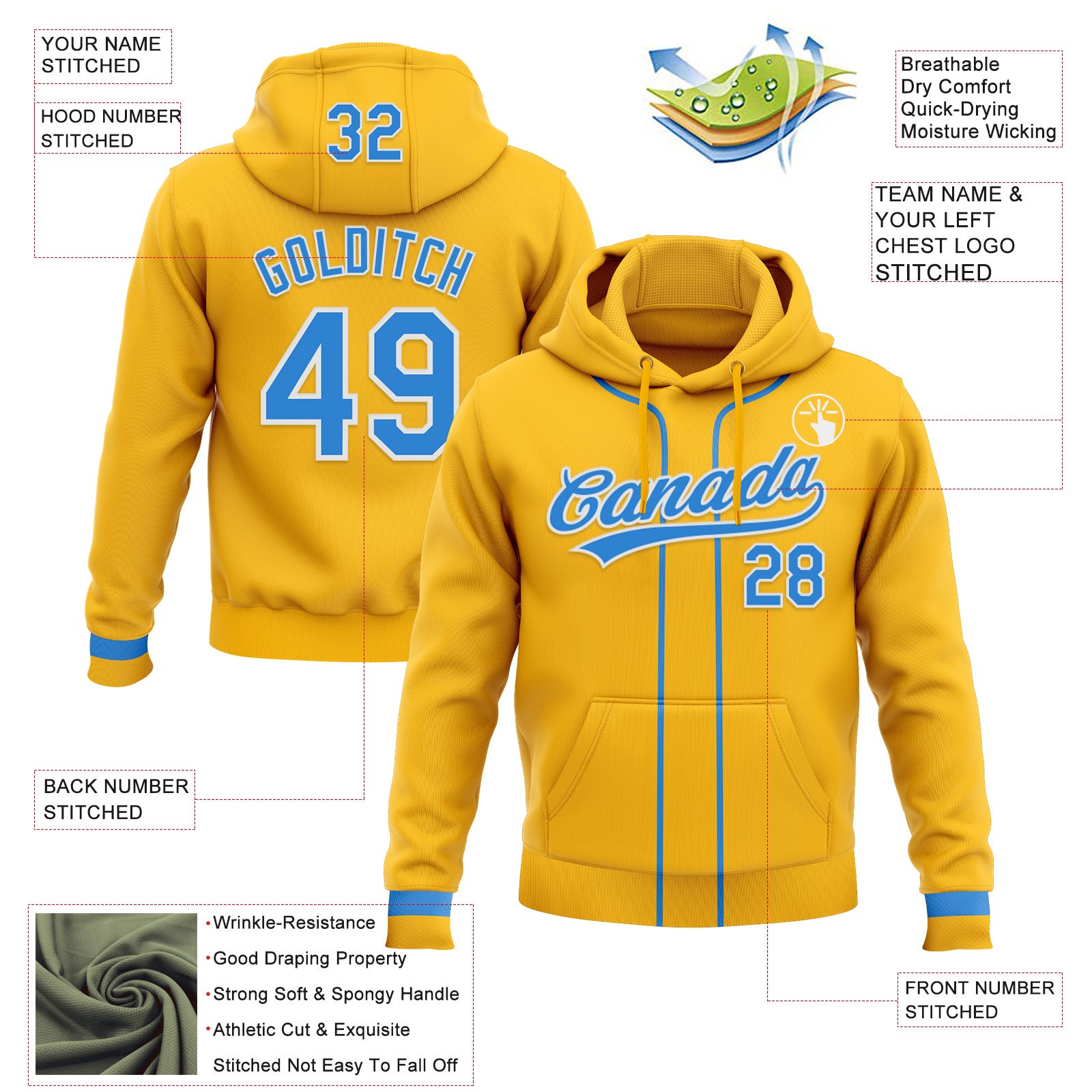 Custom Stitched Gold Powder Blue-White Baseball Pullover Sweatshirt Hoodie