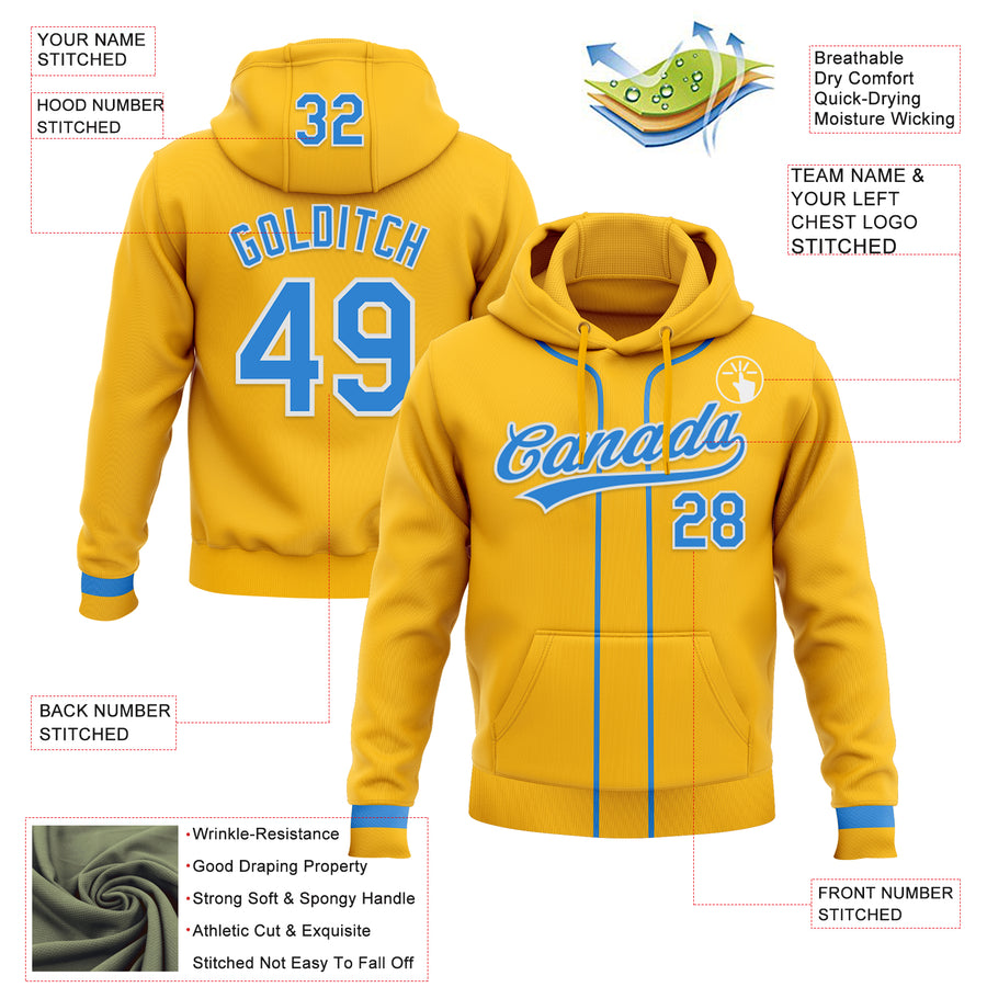 Custom Stitched Gold Powder Blue-White Baseball Pullover Sweatshirt Hoodie
