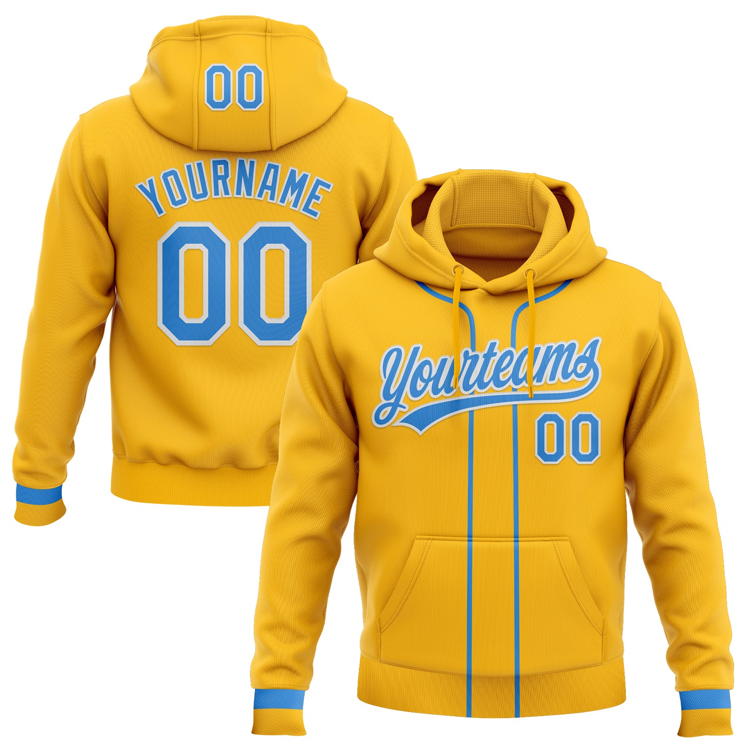 Custom Stitched Gold Powder Blue-White Baseball Pullover Sweatshirt Hoodie