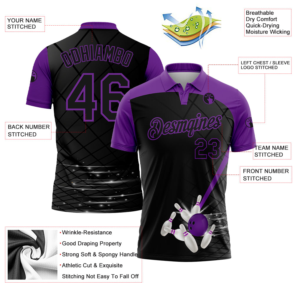 Custom Black Purple 3D Pattern Design Bowling Performance Golf Polo Shirt