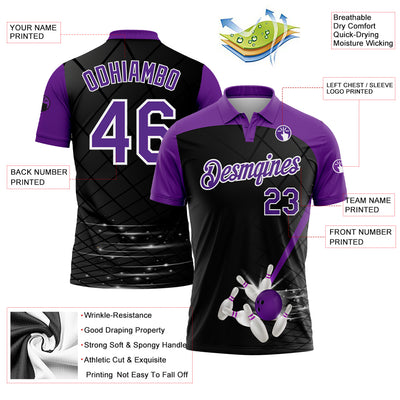Custom Black Purple-White 3D Pattern Design Bowling Performance Polo Shirt