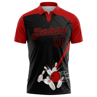 Custom Black Red 3D Pattern Design Bowling Performance Golf Polo Shirt