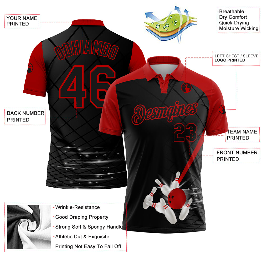 Custom Black Red 3D Pattern Design Bowling Performance Polo Shirt
