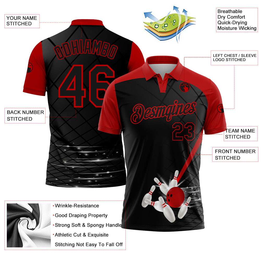 Custom Black Red 3D Pattern Design Bowling Performance Golf Polo Shirt