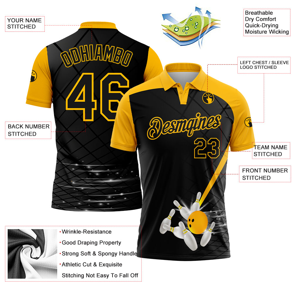 Custom Black Gold 3D Pattern Design Bowling Performance Golf Polo Shirt