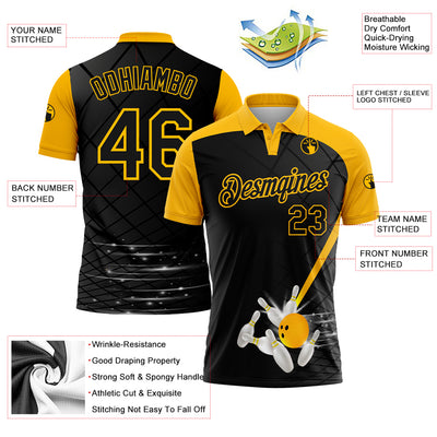 Custom Black Gold 3D Pattern Design Bowling Performance Golf Polo Shirt