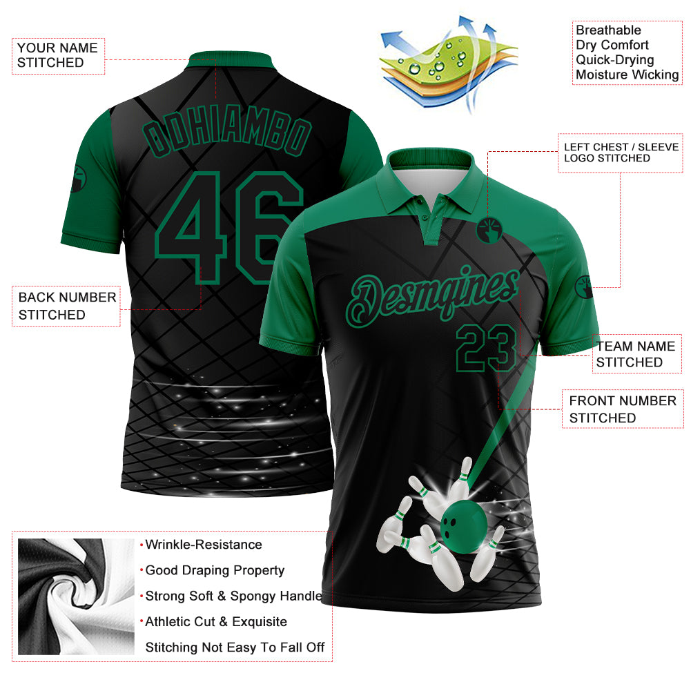 Custom Black Kelly Green 3D Pattern Design Bowling Performance Golf Polo Shirt