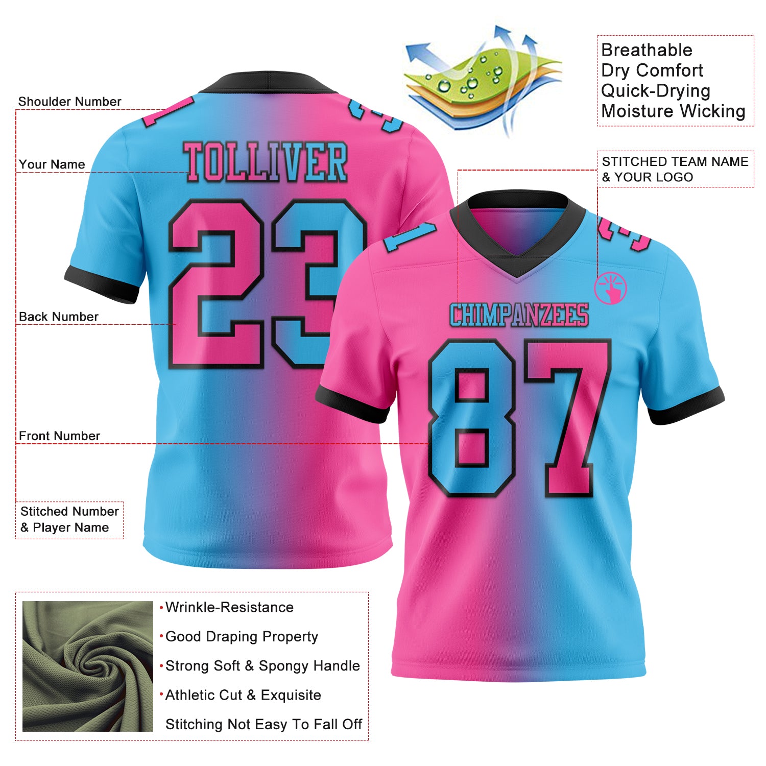 Custom Sky Blue Pink-Black Authentic Gradient Fashion Football Jersey