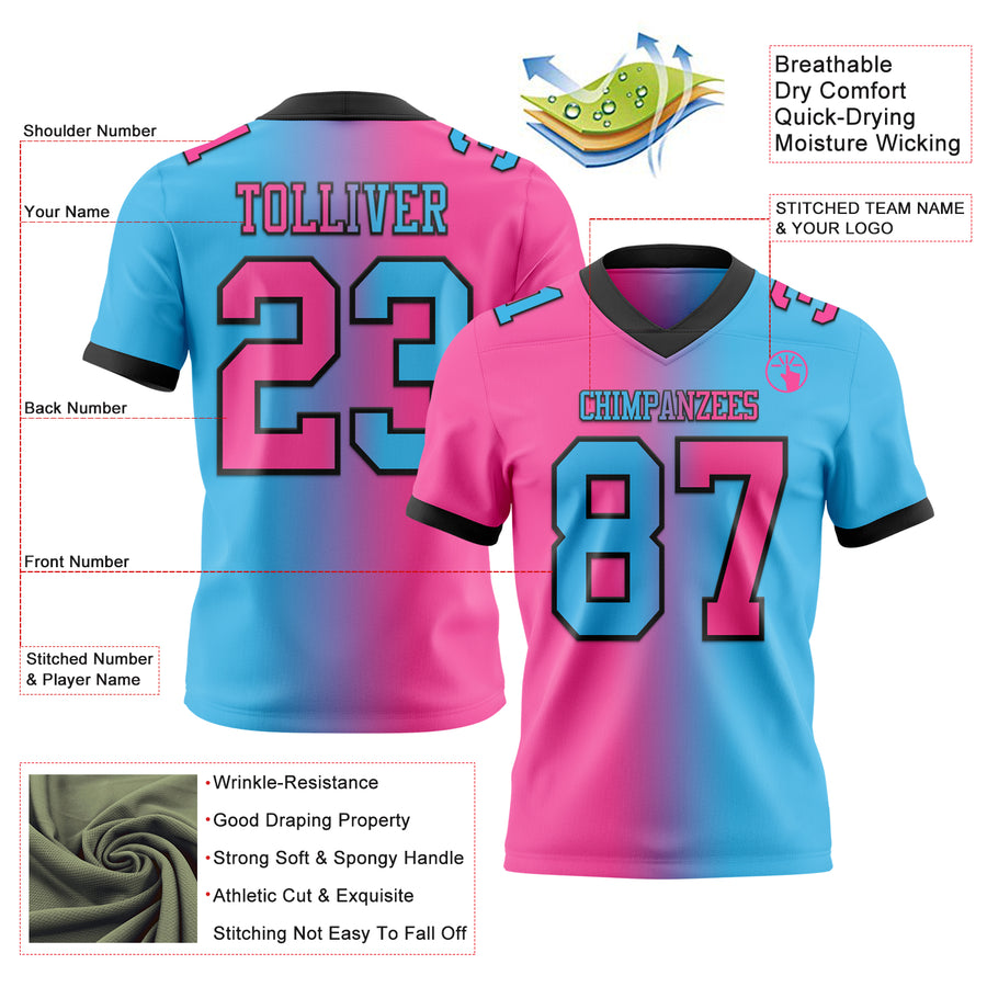 Custom Sky Blue Pink-Black Authentic Gradient Fashion Football Jersey