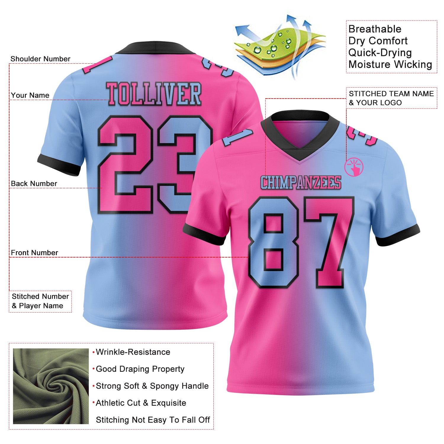 Custom Light Blue Pink-Black Authentic Gradient Fashion Football Jersey