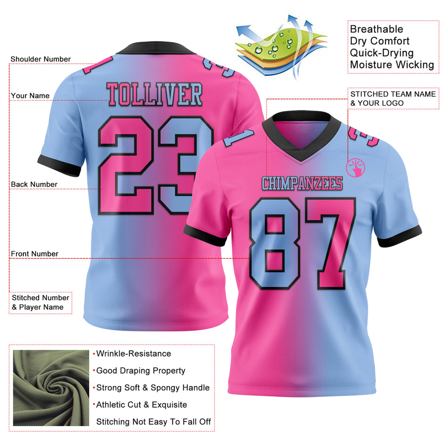 Custom Light Blue Pink-Black Authentic Gradient Fashion Football Jersey