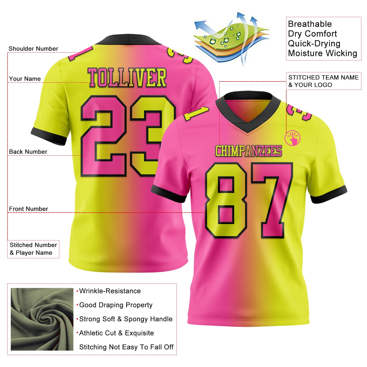 Custom Neon Yellow Pink-Black Authentic Gradient Fashion Football Jersey