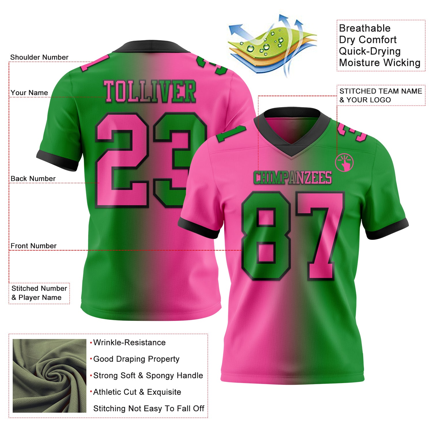 Custom Grass Green Pink-Black Authentic Gradient Fashion Football Jersey
