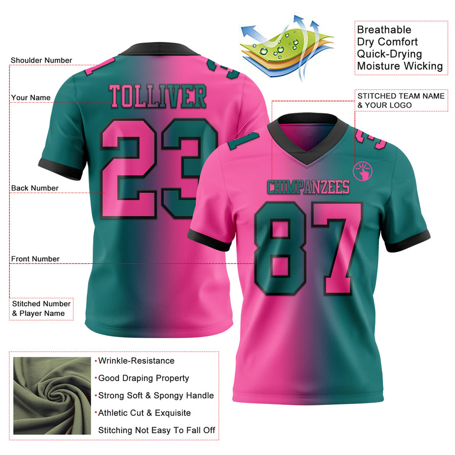 Custom Teal Pink-Black Authentic Gradient Fashion Football Jersey