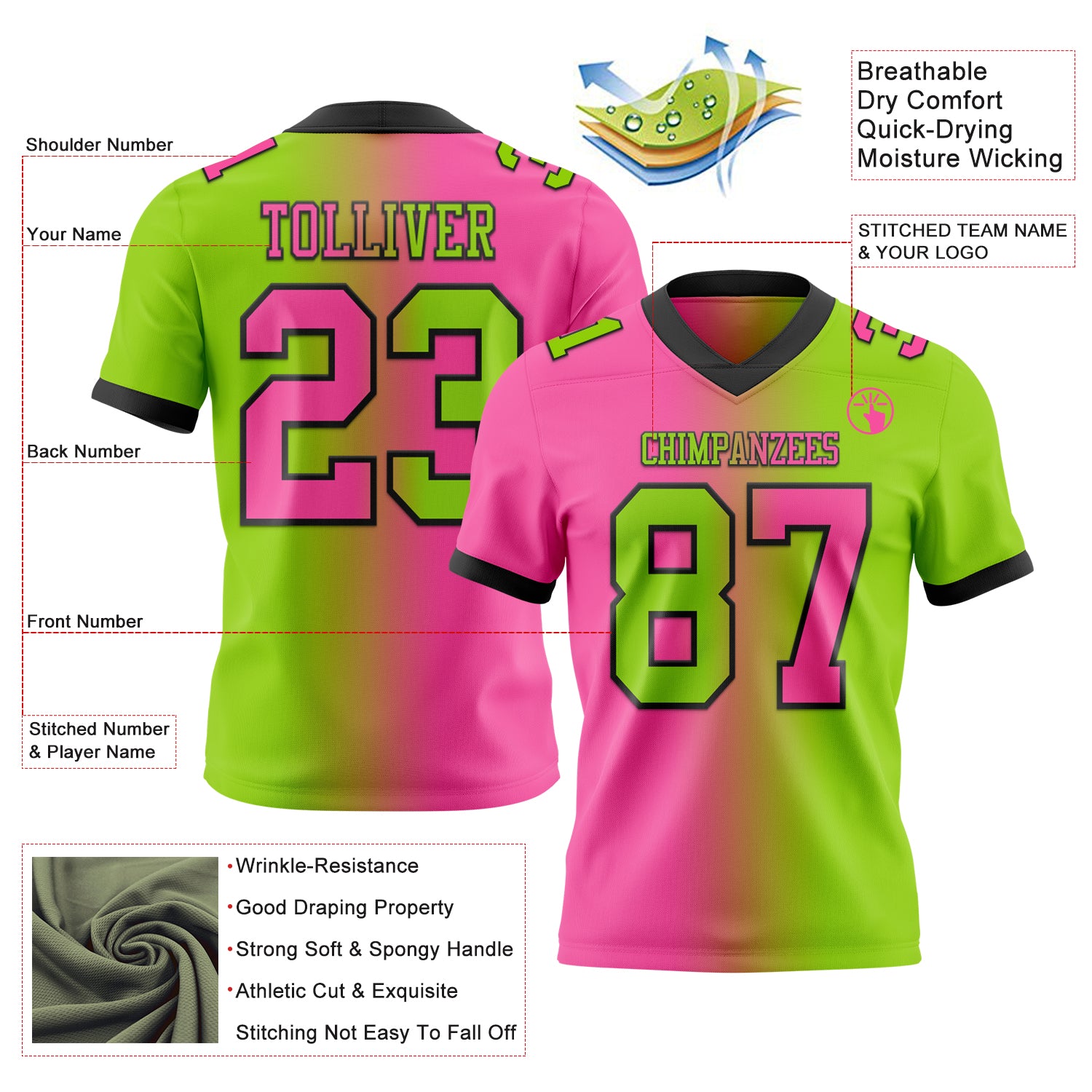 Custom Neon Green Pink-Black Authentic Gradient Fashion Football Jersey