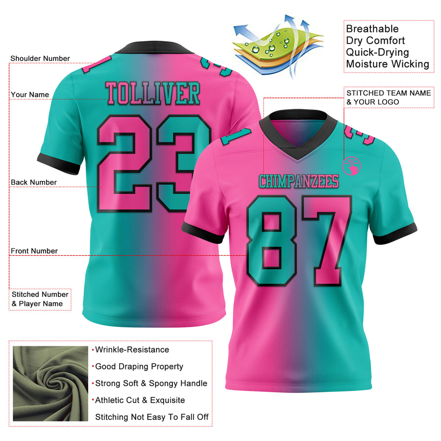 Custom Aqua Pink-Black Authentic Gradient Fashion Football Jersey